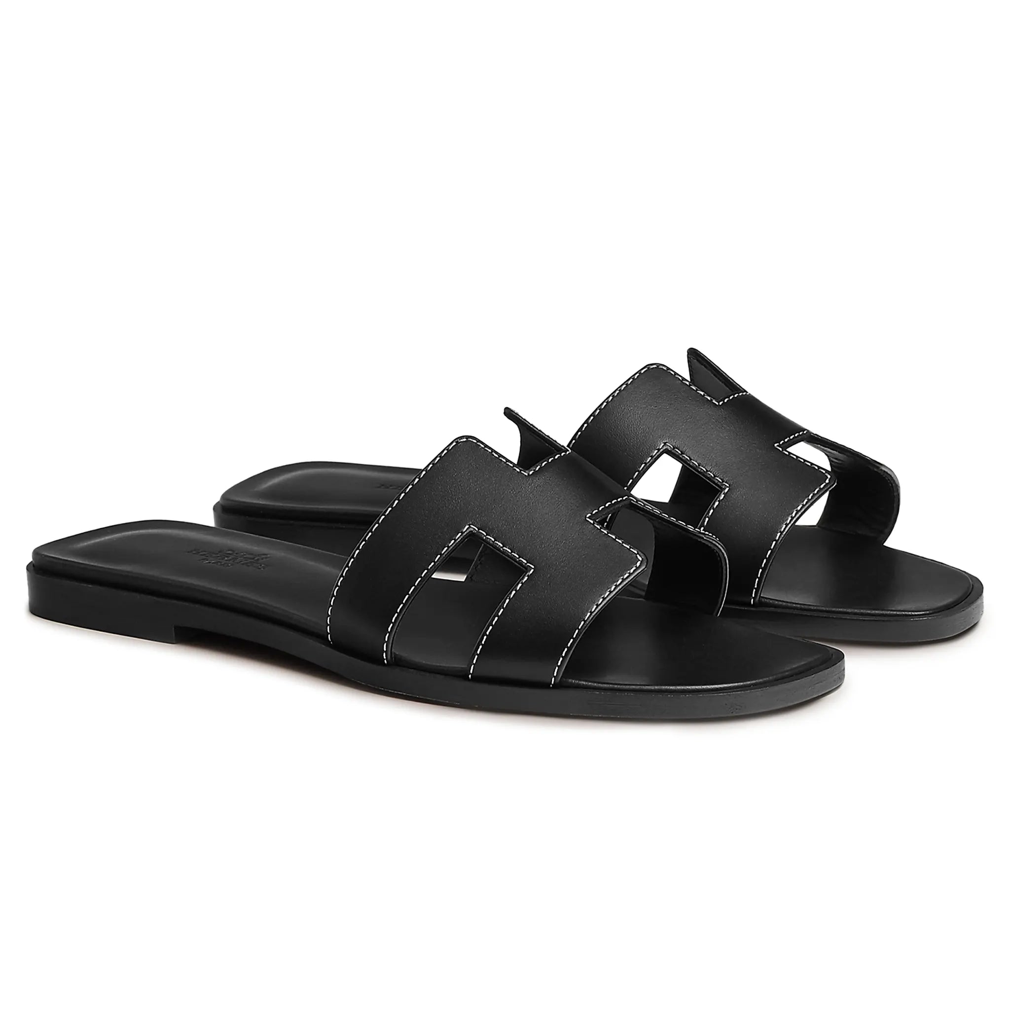 Front side view of Hermès Paris Oran Black Sandal